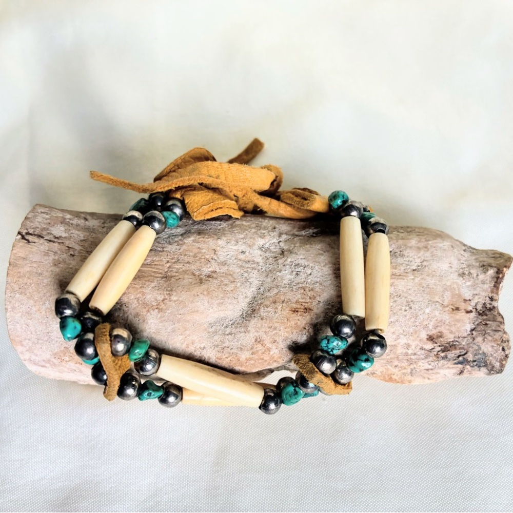 Beaded Bone Bracelet With Turquoise Beads & Silver Tone Beads With Leather Lace